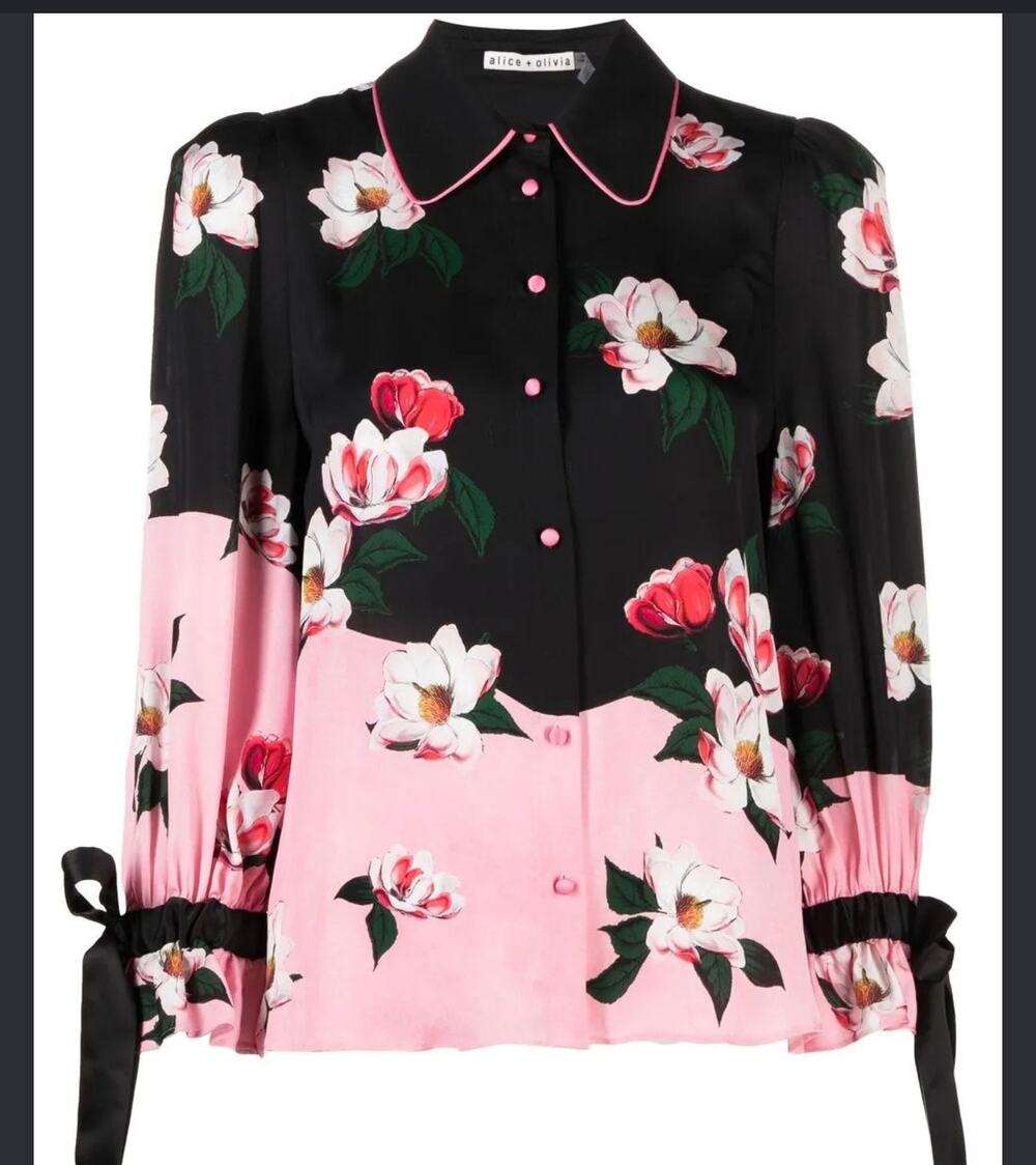 Alice + Olivia Willa After Dark Floral Tie Cuff Blouse Pink Black NWOT